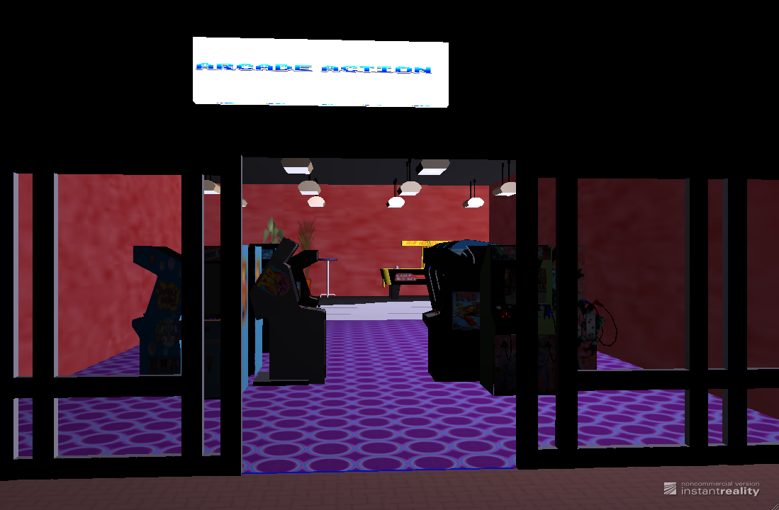 Eingang der 3D-Spielhalle mit Leuchtschild «Arcade Action», dahinter Spielautomaten und Deckenlampen